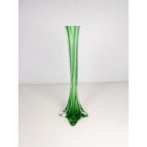Vintage MCM emerald green art glass bud vase - twisted glass, footed